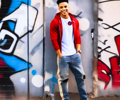 Trendy modern style for young Men's cream Striped Ripped in the knees blue Jeans