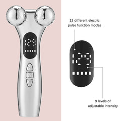 Silver Ergonomic EMS Microcurrent Facial Roller | Intelligent Pulse Face Slimming & Sculpting Device for Skin Tightening
