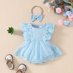 2024 Summer Baby Girl Sweet Sleeveless Lace Triangle Rompers Mesh Lace Flower Dress