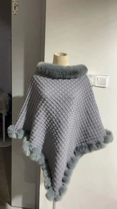 New Luxury Rabbit Fur Collar Shawl Cape for women Elegant Autumn Winter Fashion