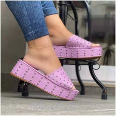 Women Rivet Slippers Summer High Heel Plats Shoes Peep-toe Beach Shoes