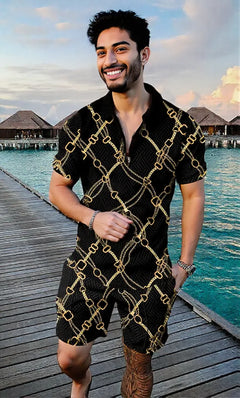 Men's Summer Fashion 3D Printed Short Sleeve Geometric Zip Lapel Shirt Set