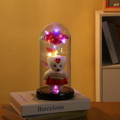 Rose Bear Preserved Fresh Flower Glass Cover Valentine's Day LED Light Decoration Gift