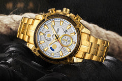 men''s watch fake three eyes luminous men''s watch fashion casual steel band waterproof watch t504g