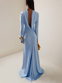 Satin Sky Blue Open-Back Long-Sleeved Maxi Dress for Elegant Evening Wear