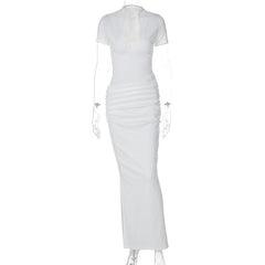 Deep V Short Sleeve Solid Color Hot Girl Style Pleated Long Dress