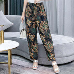 Vibrant Red & Blue Floral Cotton Linen Bloomers | Plus Size Breathable Mother Pants High-Waisted Comfort Slacks