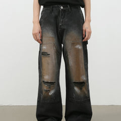 Street Retro Jeans Men's Loose Hole Straight-leg Trousers