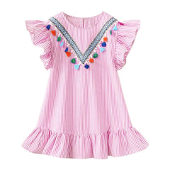 Fringed vertical stripe ruffle dress