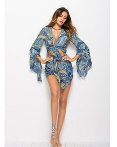 Spring and summer Amazon AliExpress new women's European and American leisure holiday wind print jumpsuit shorts