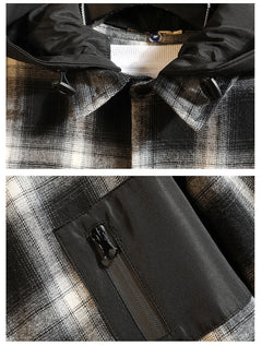 Men's Japanese Plus Size Casual Original Detachable Hooded Plaid Shirt