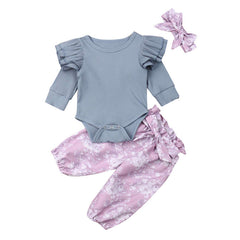 Solid Color Long-sleeved One-piece Romper Flower Pants Three-piece Suit