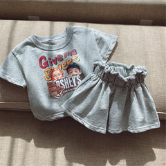 Girls Cartoon Print Short Sleeve T-shirt Lace Waist Shorts Set