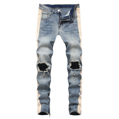 Trendy modern style for young Men's cream Striped Ripped in the knees blue Jeans