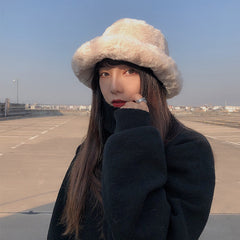Winter Women's Thickened Imitation Rabbit Fur Flat Top Japanese Fisherman Hat