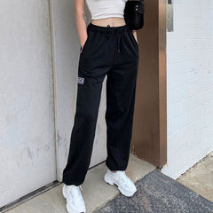Letter Embroidered Elastic Strap Sweater Pants Women's Sports Casual Pants