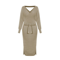 new SEXY RED Autumn And Winter Knitted Slim Double V-Neck FALL Sweater DRESS FOR WOMEN