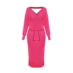 new SEXY RED Autumn And Winter Knitted Slim Double V-Neck FALL Sweater DRESS FOR WOMEN