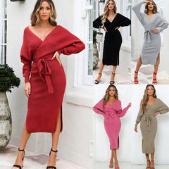 new SEXY RED Autumn And Winter Knitted Slim Double V-Neck FALL Sweater DRESS FOR WOMEN
