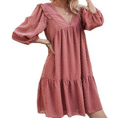 Spring And Summer New Product V-Neck Solid Color Lantern Sleeve Dress