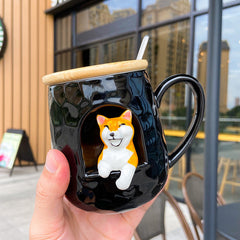 Three-dimensional Relief Ceramic Spoon With Lid Animal Shiba Inu Cup Office Water Cup Female