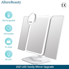 Trifold Makeup Mirror With Light 68 LED Vanity Mirrors 10X Magnifying 180Rotation