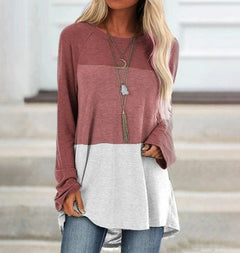 New Women's Long Sleeved Round Neck Stitching Casual Plus Size T Shirt