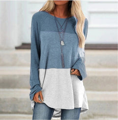 New Women's Long Sleeved Round Neck Stitching Casual Plus Size T Shirt