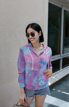 New Products Source Autumn  American Tie-Dye Printed Zipper Hooded Jacket Women WT203S3075