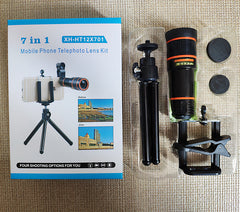 Compatible with Apple Mobile Phones, 12X Telephoto Lens Set with Tripod, U-Shaped Clip, Wide-Angle, and Macro Fisheye