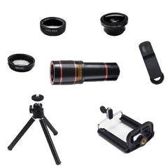 Compatible with Apple Mobile Phones, 12X Telephoto Lens Set with Tripod, U-Shaped Clip, Wide-Angle, and Macro Fisheye