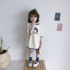 Cotton Loose Girl Dress Short Sleeve T-Shirt Dress Cute Color Block Top