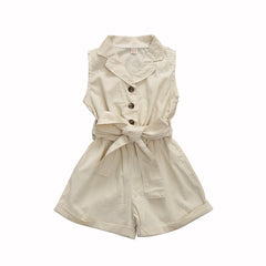 Multicolor Girls' Solid Lapel Sleeveless Single-breasted One-piece Shorts