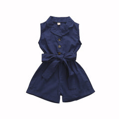 Multicolor Girls' Solid Lapel Sleeveless Single-breasted One-piece Shorts
