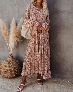 Sexy Women's Khaki Loose V-Neck Lace Long Print Beach Dress