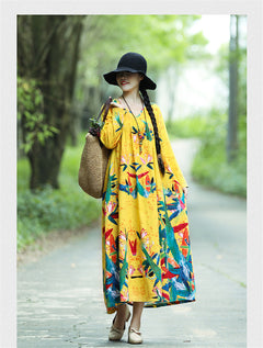 Literary Retro V-neck Plus Size Loose Long-sleeved Dress