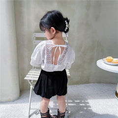 Girls Summer V-neck Back Lace Hollow Lace Puff Sleeve Short Sleeve Baby Shirt  Pumpkin Shorts Two-piece Set