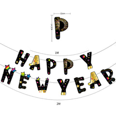 Happy New Year Hanging Flag Colorful Flag Black Gold Letter Pendant