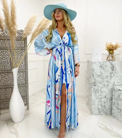 New women''s V-neck short sleeve printed long dress