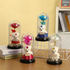 Rose Bear Preserved Fresh Flower Glass Cover Valentine's Day LED Light Decoration Gift