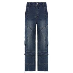 Women's Washed-out Vintage Dark Blue Denim Split Stitching Multi-pocket High Waist Straight All-matching Casual Pants