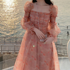 Ladies Puff Sleeve Square Neck Floral Dress