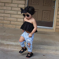 Girls' Woven Stretch Print Dot Cotton Denim Ripped Trousers Turban Three-piece European And American Cross-border Suit