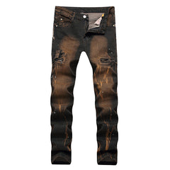 European And American High-street Fashion Men's Zippered Torn Jeans