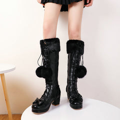 Lace-up high-top fur ball warm boots