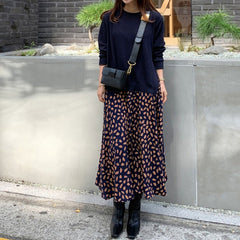 Plus Size Women's Long-sleeved T-shirt Stitching Print Big Swing Dress