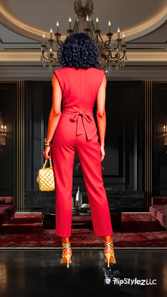 New Sexy Red Sleeveless Tie Vest High Waist Pants Suit for women