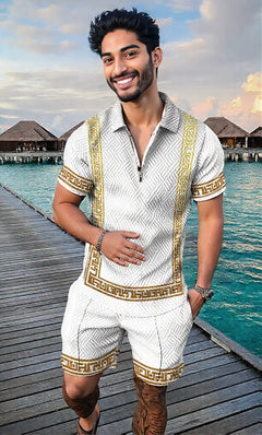 Men's Summer Fashion 3D Printed Short Sleeve Geometric Zip Lapel Shirt Set
