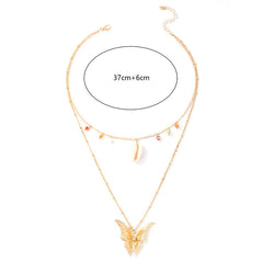 Simple Retro Ethnic Butterfly Shell Color Beads 2 Layer Necklace