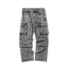 Washed Distressed Multi-pocket Jeans Wide-leg Straight Trousers